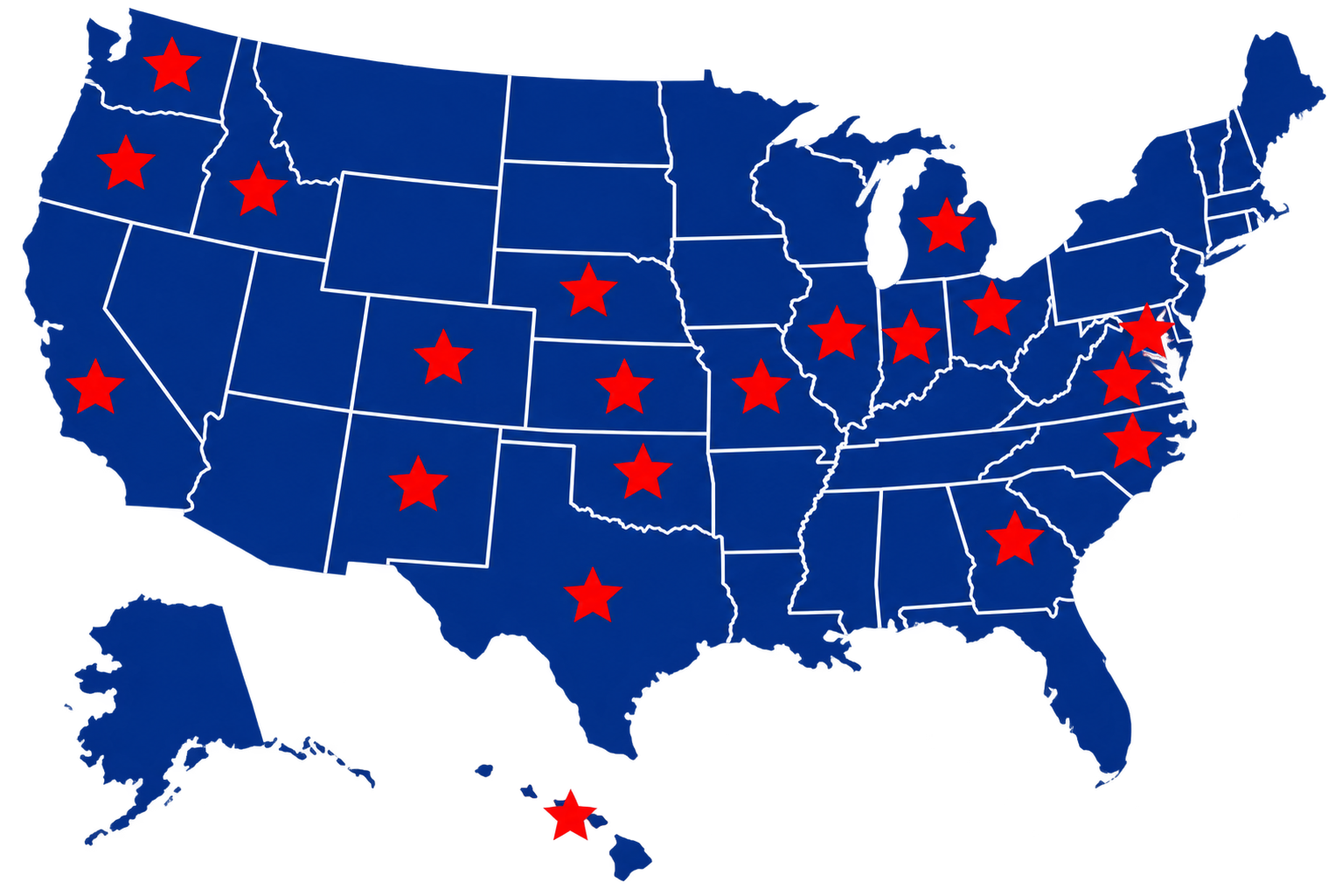 Map of the United States with stars marking Assistance League chapter locations